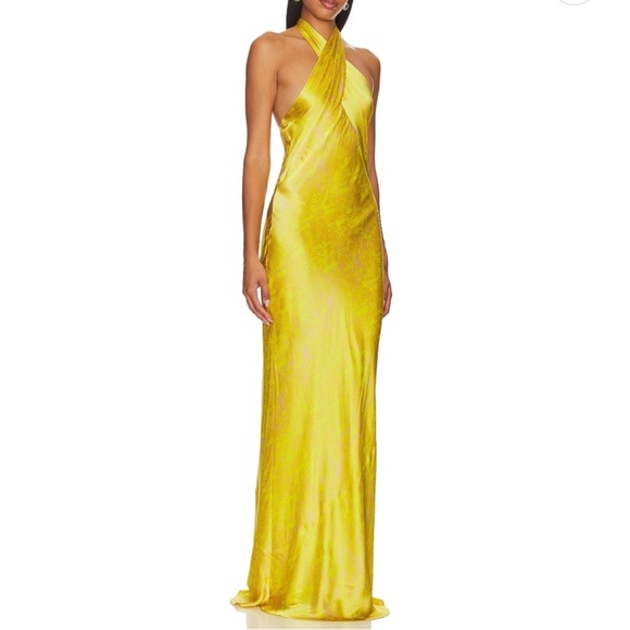 NWT L'AGENCE Estee Twist Neck Dress in Lemon Tonic Python Snake 100% Silk Gown - Picture 13 of 15